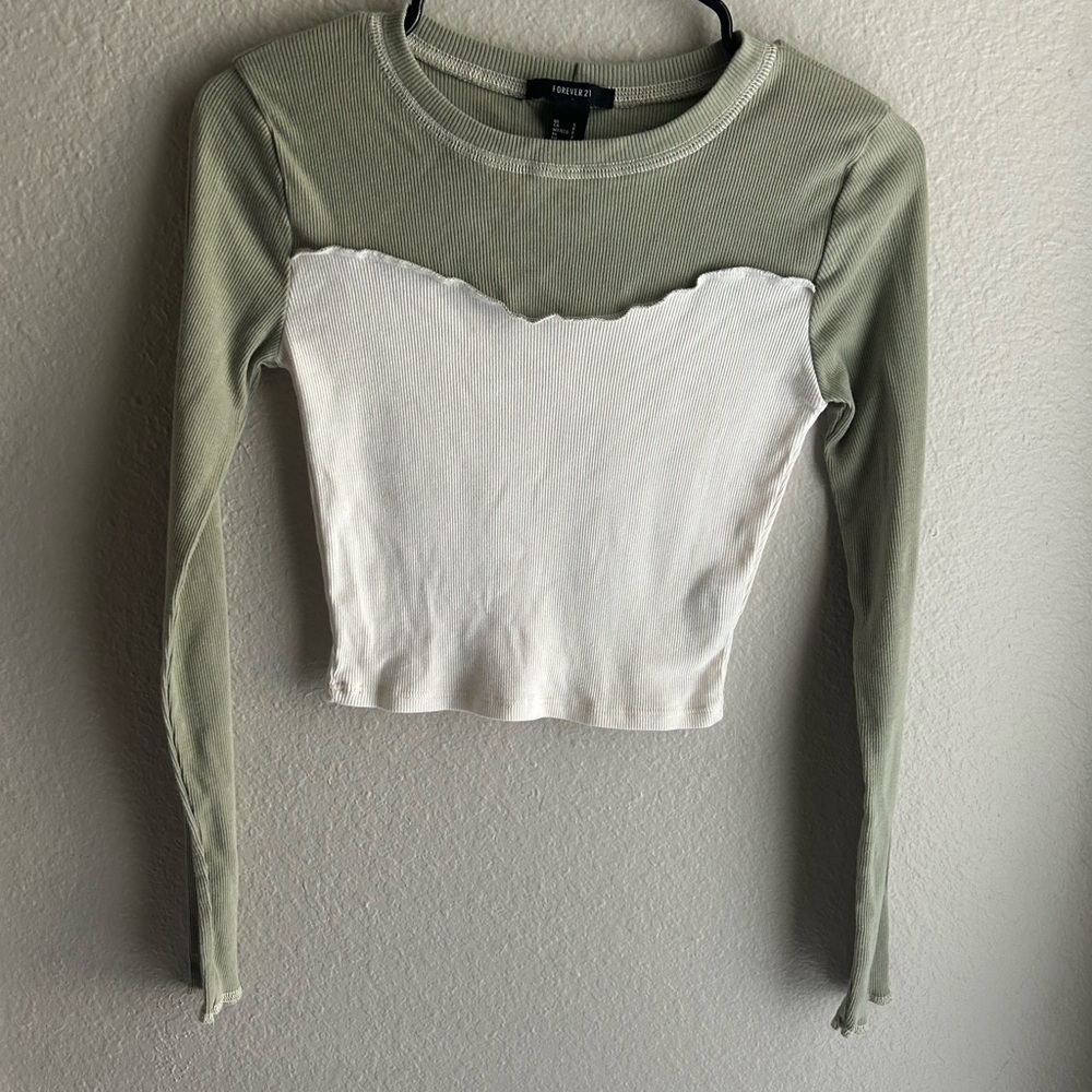 Forever 21 Sage Green and White Long Sleeve Top